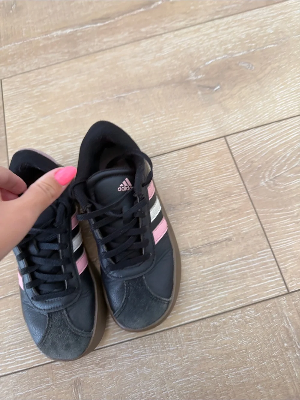 Kids adidas Black Sneakers with Pink & Cream Stripes